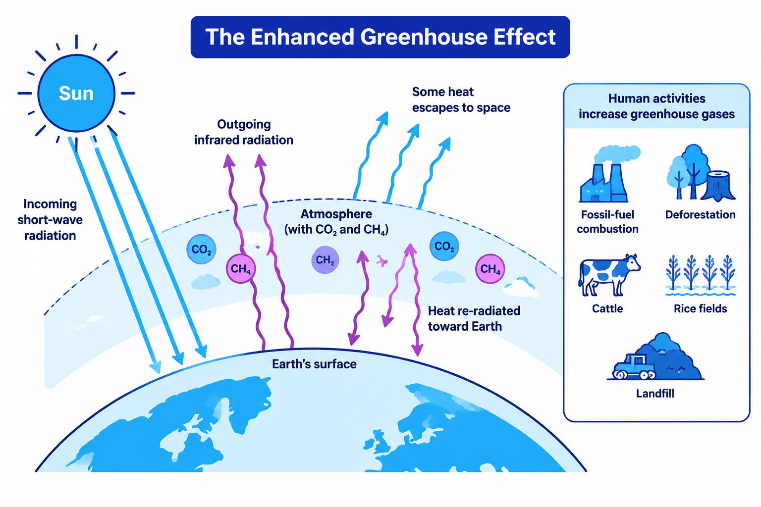 Diagram showing incoming short-wave solar radiation, outgoing infrared radiation, greenhouse gases absorbing and re-radiating heat, and human sources of carbon dioxide and methane