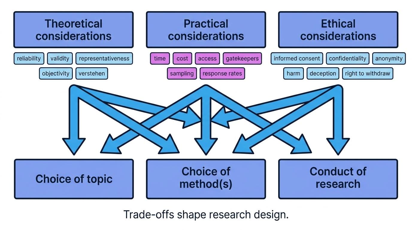 Flowchart showing theoretical, practical and ethical considerations influencing choice of topic, choice of method(s) and conduct of research