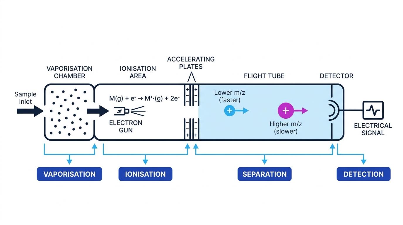 Schematic of a time-of-flight mass spectrometer with vaporisation, ionisation, separation and detection labelled
