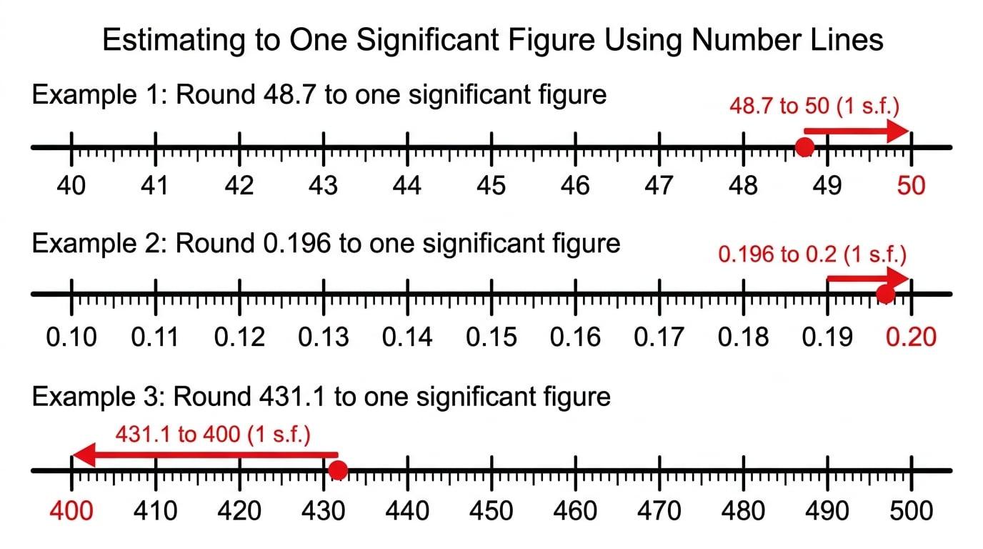 Three number lines showing 48.7 rounding to 50, 0.196 rounding to 0.2, and 431.1 rounding to 400 to one significant figure
