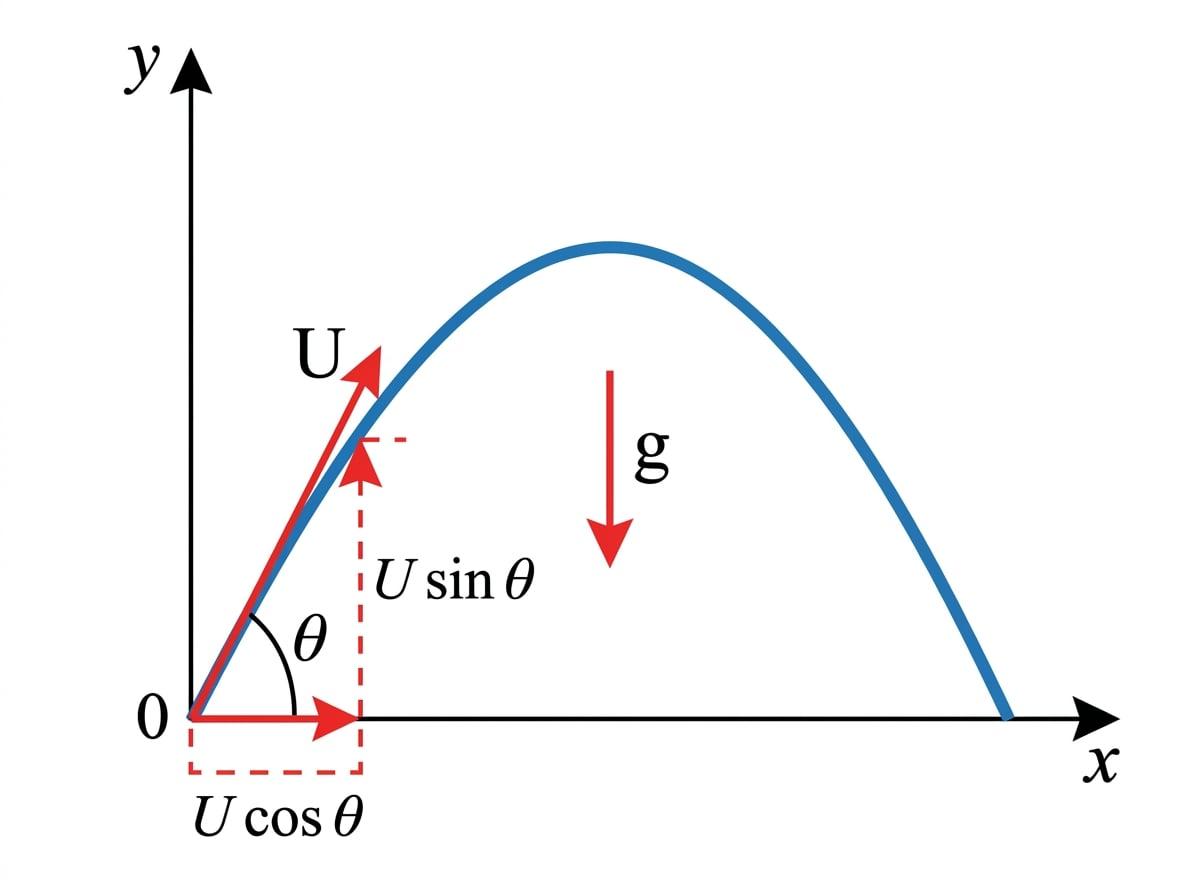 Projectile launched from the origin with axes, angle theta, initial velocity U, components U cos theta and U sin theta, parabolic path, and downward gravity arrow