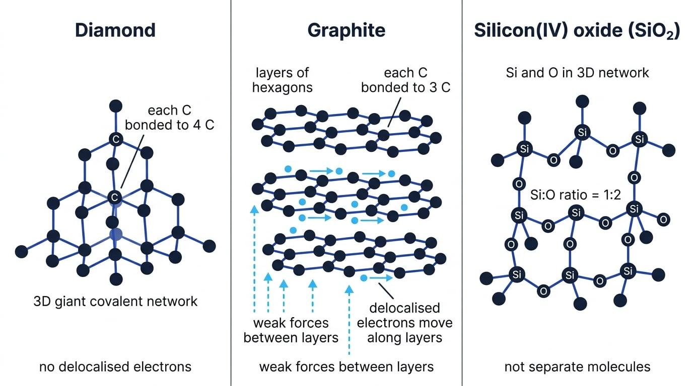 Comparison of diamond, graphite and silicon(IV) oxide structures showing diamond's 3D network, graphite layers with delocalised electrons, and a silicon oxygen network