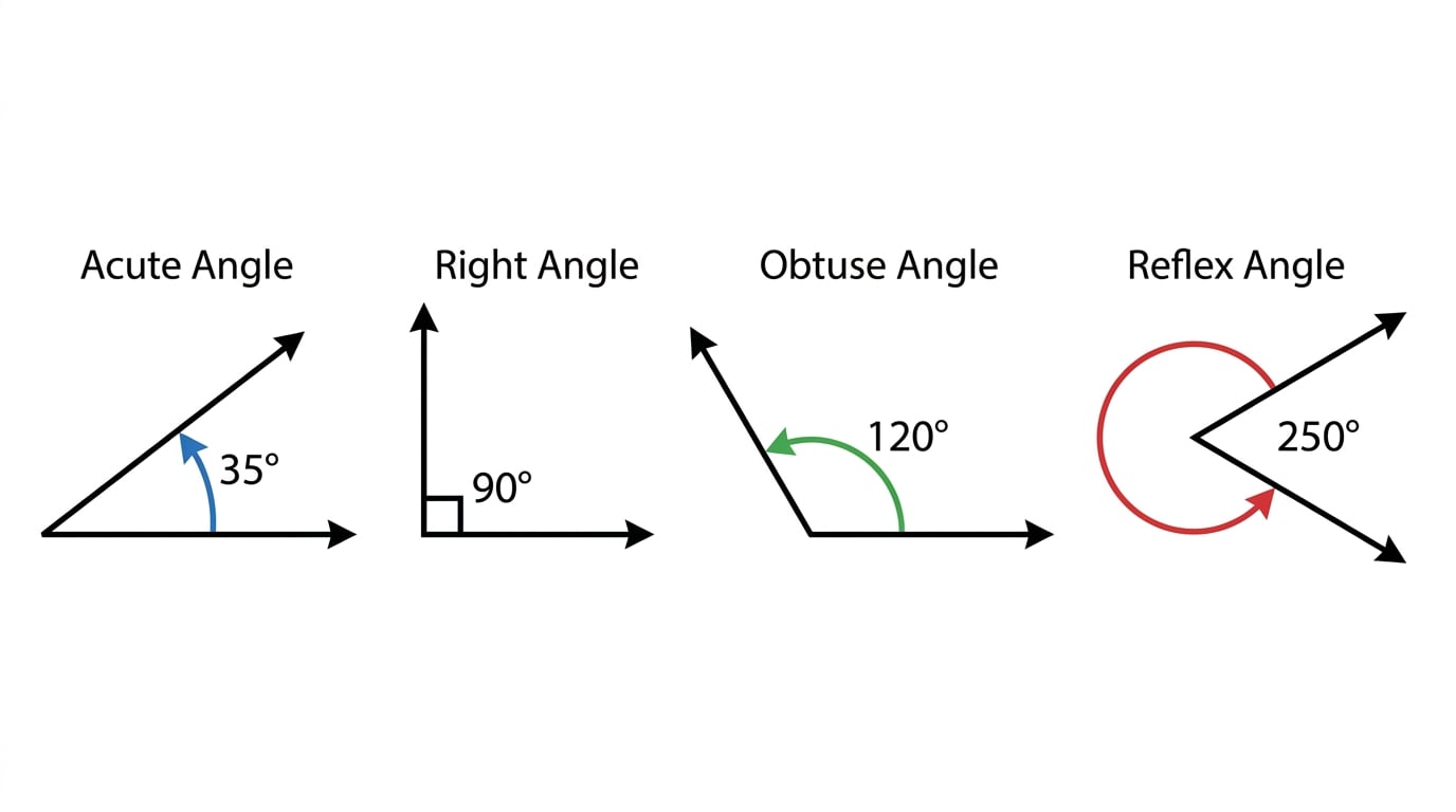 Four separate labelled angles showing acute 35°, right 90°, obtuse 120°, and reflex 250°