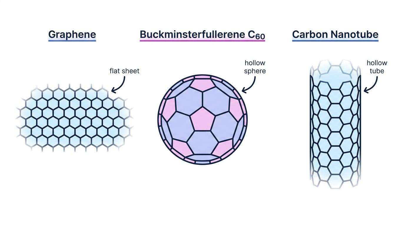 Comparison of graphene as a flat hexagonal sheet, Buckminsterfullerene C60 as a hollow sphere, and a carbon nanotube as a hollow tube