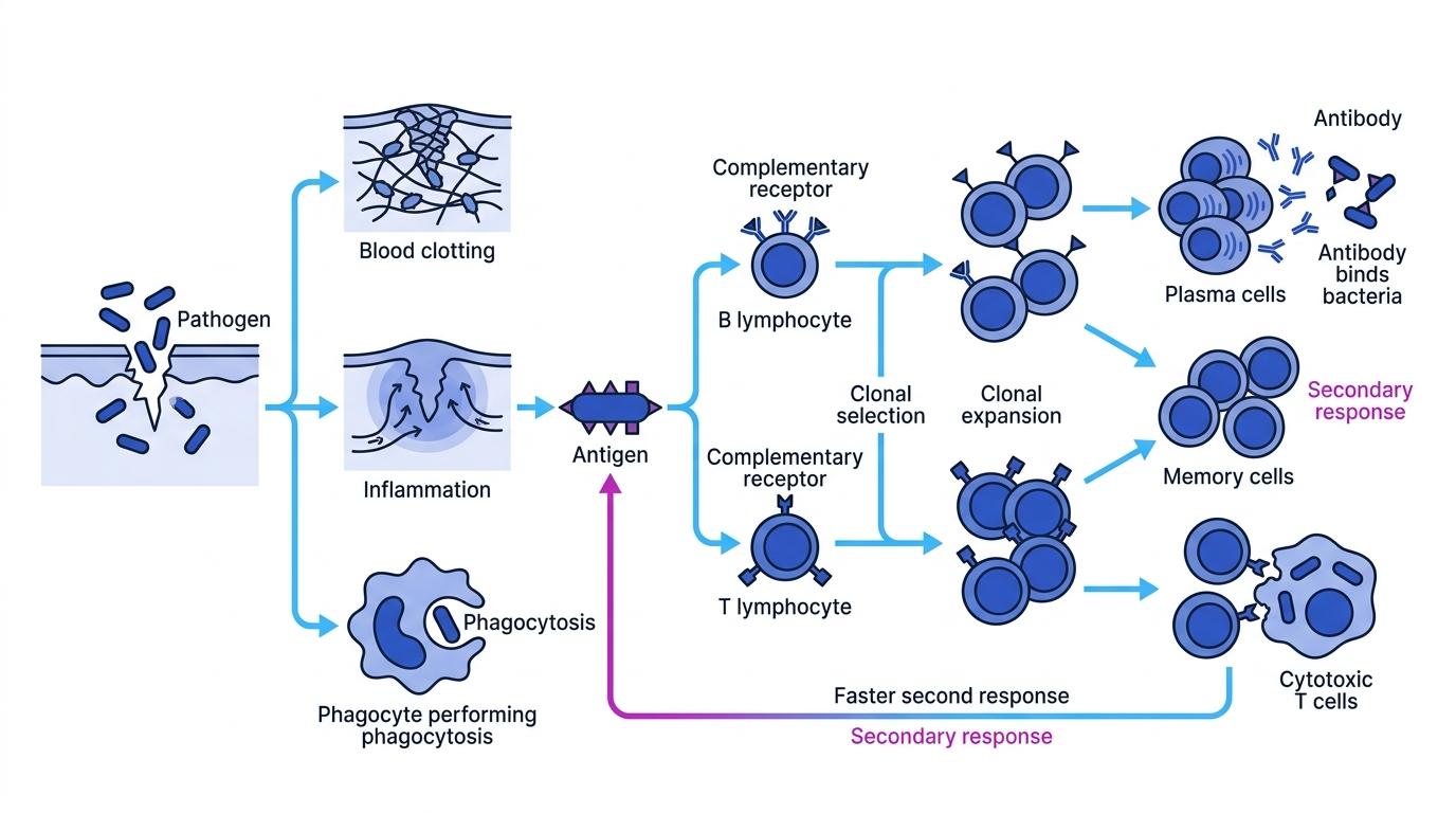 Flow diagram of immunity after bacteria enter through a cut, showing clotting, inflammation, phagocytosis, B cells, T cells, antibodies and memory cells