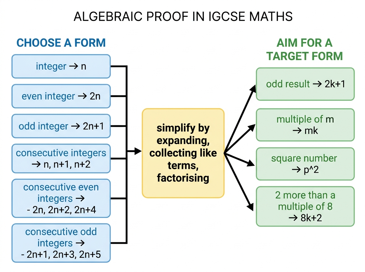 Flowchart of algebraic proof forms showing integer n, even 2n, odd 2n+1, consecutive numbers, and target forms like 2k+1, mk, and p^2