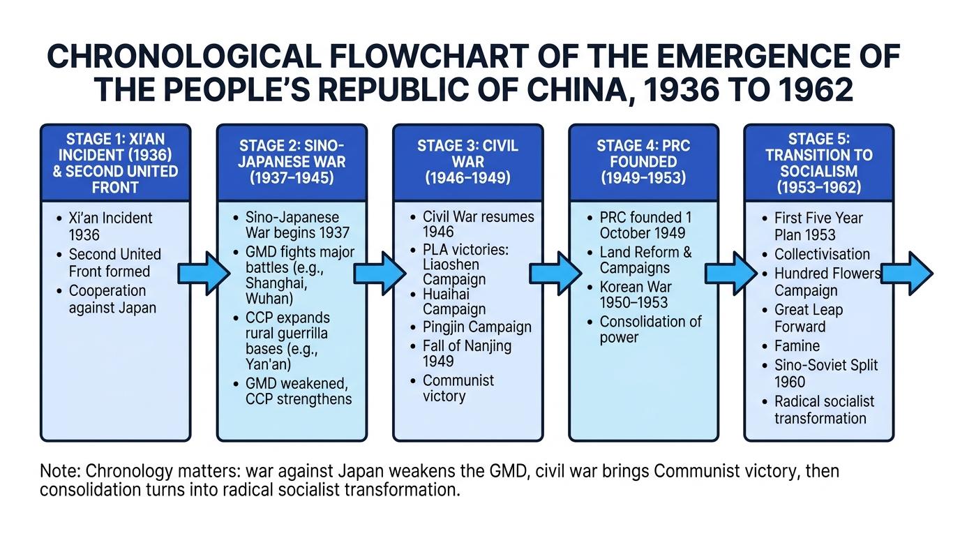 Chronological flowchart showing the Xi'an Incident, Sino-Japanese War, Civil War, PRC founding and transition to socialism from 1936 to 1962