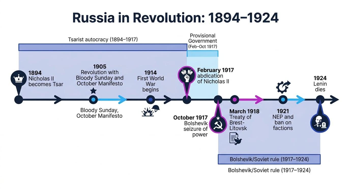 Timeline showing Tsarist autocracy, the Provisional Government and Bolshevik rule with key turning points from 1894 to 1924