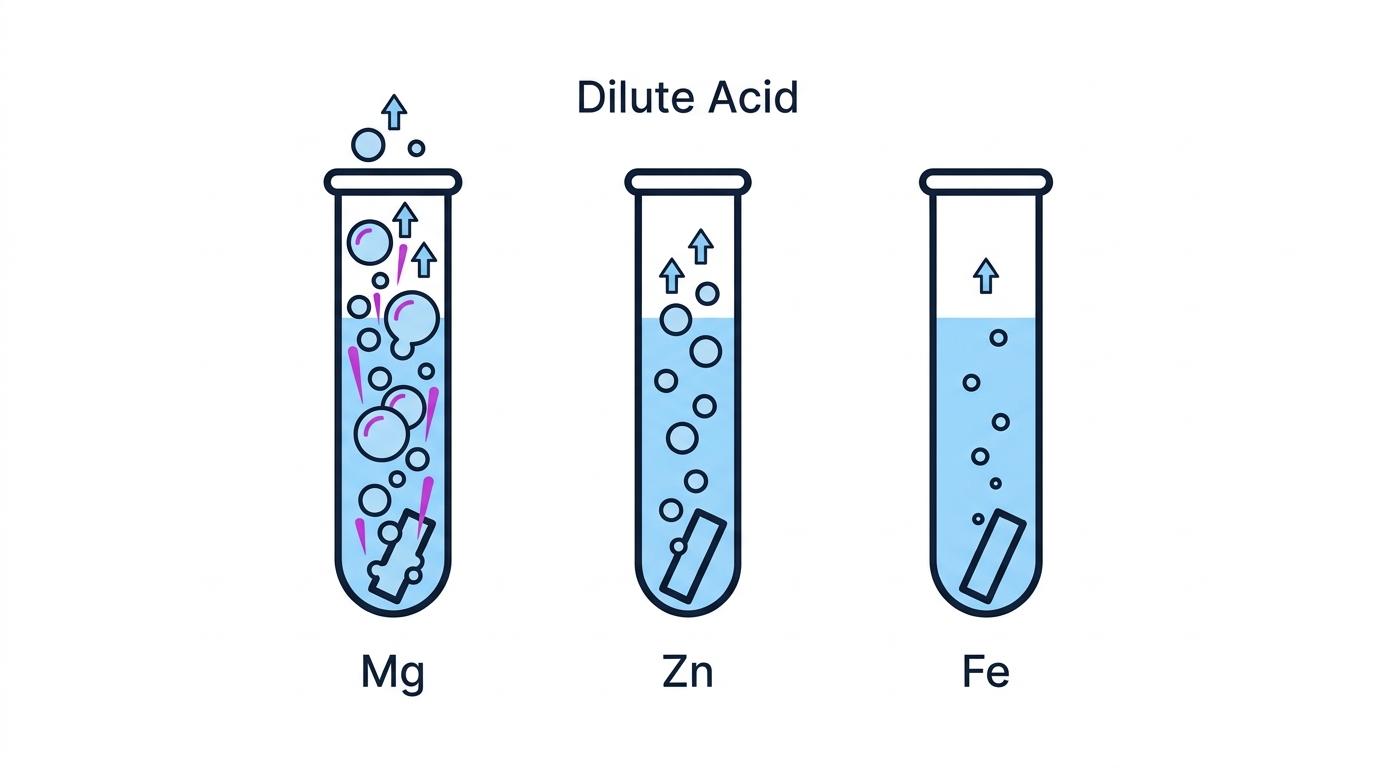 Three test tubes showing reaction rates of magnesium, zinc, and iron in acid