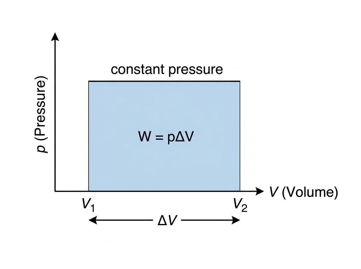 p-V graph with a horizontal isobaric expansion line from V1 to V2, shaded rectangular area under the line labelled W = pΔV