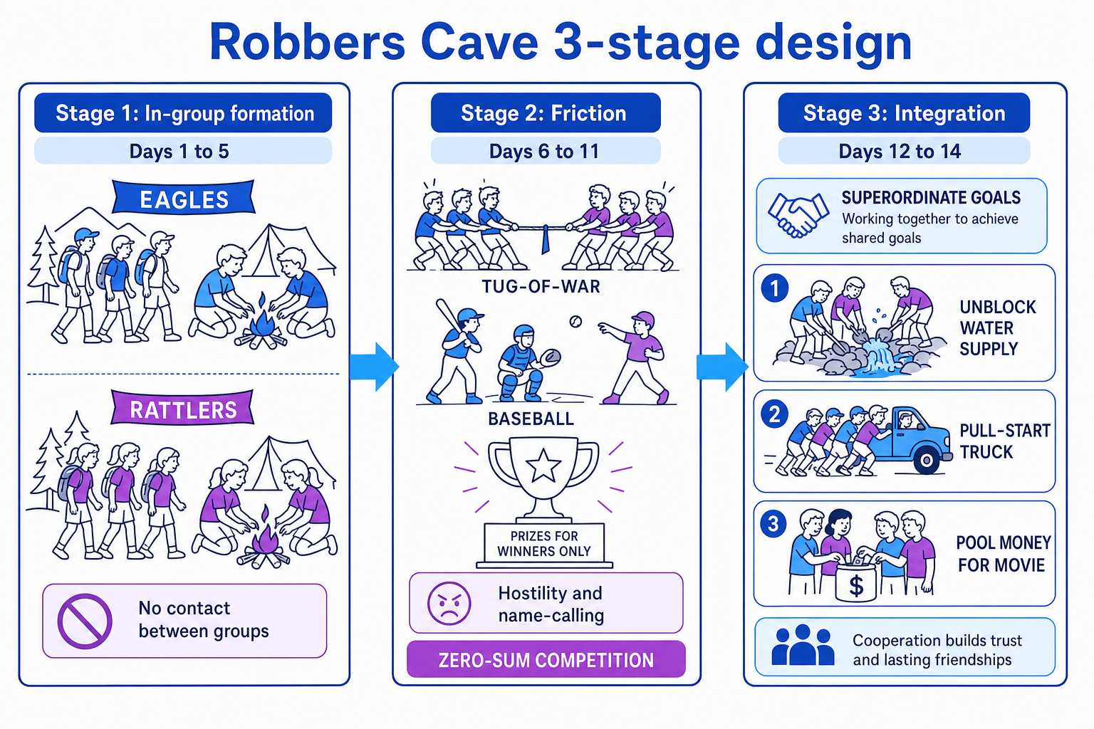 Flowchart of the three stages of Robbers Cave showing separate group formation, prize-based competition, and cooperative superordinate goals