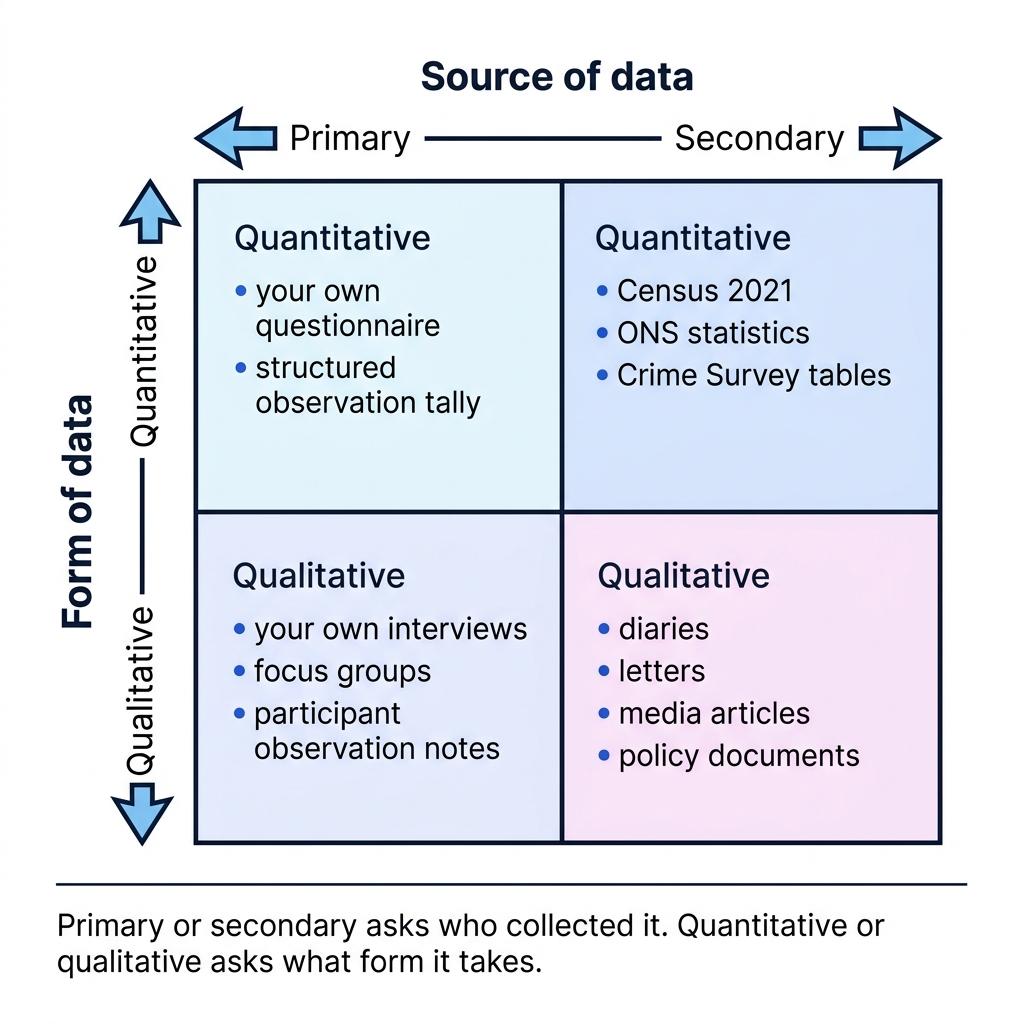 2 by 2 grid showing primary versus secondary and quantitative versus qualitative data with examples such as questionnaires, interviews, Census 2021 and diaries