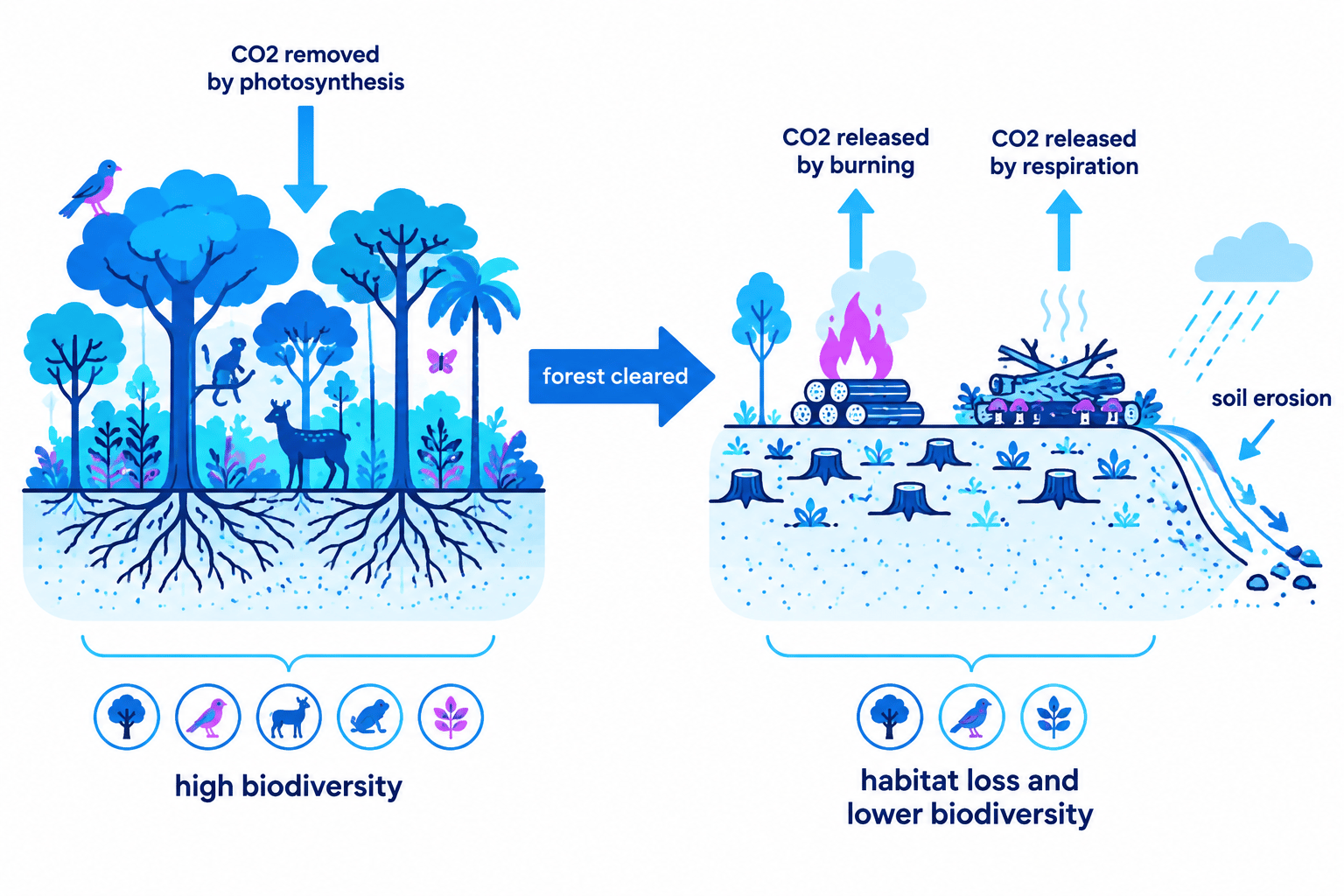 Comparison of an intact tropical forest with carbon dioxide uptake, strong roots and high biodiversity, and a deforested area with burning, decomposition, habitat loss and soil erosion