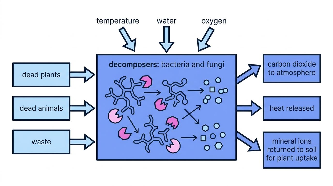 Flow diagram of decomposition showing dead plants, dead animals and waste being broken down by decomposers, with temperature, water and oxygen affecting rate and outputs of carbon dioxide, heat and mineral ions