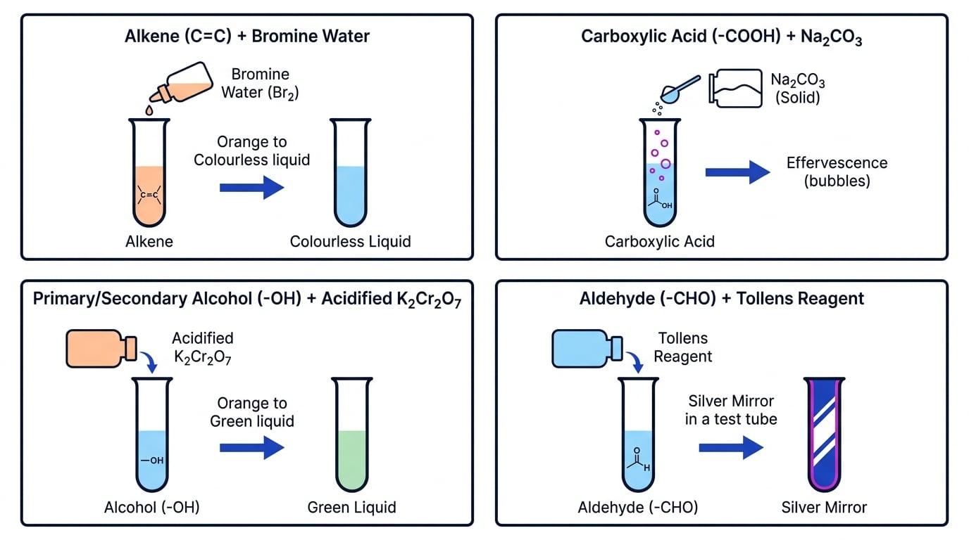 Summary of four main chemical tests for organic functional groups