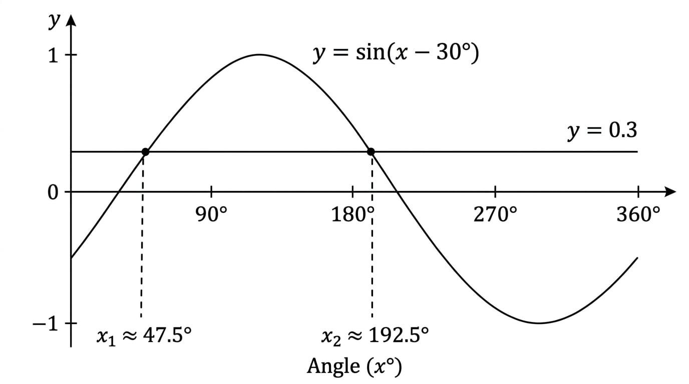 Graph of y = sin(x - 30°) and y = 0.3 showing two intersections between 0° and 360°