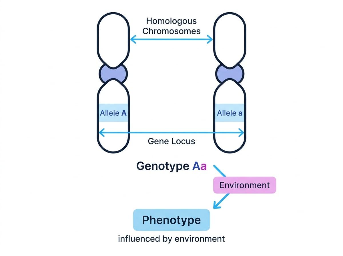 Homologous chromosomes with allele A and allele a at the same locus, showing genotype Aa and phenotype also influenced by environment