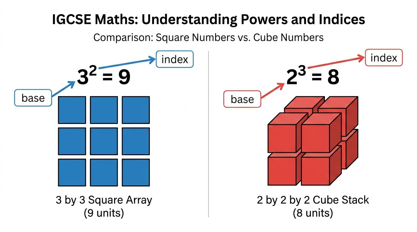 Square array for 3 squared equals 9 and cube stack for 2 cubed equals 8 with base and index labelled
