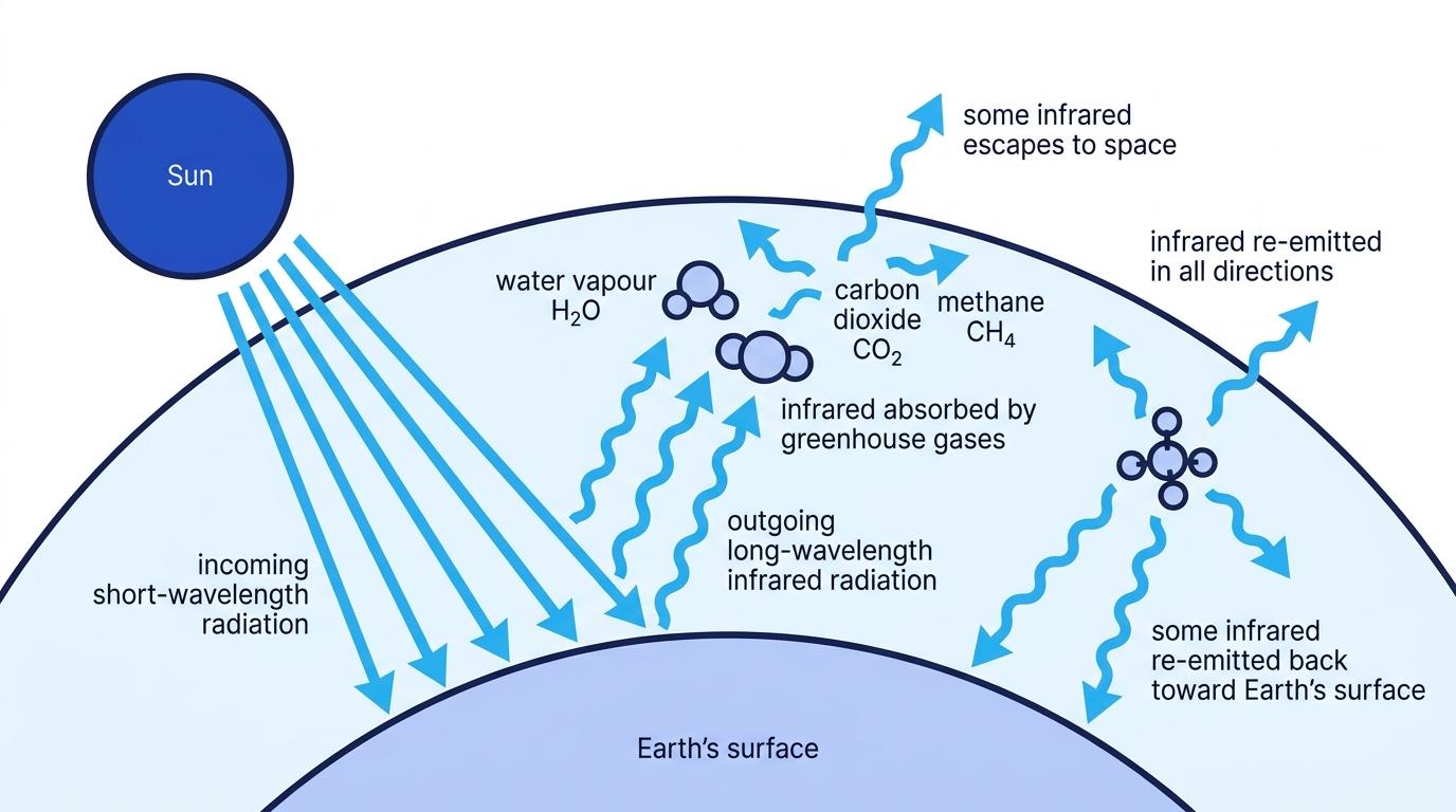 Greenhouse effect diagram showing incoming short-wavelength solar radiation, outgoing long-wavelength infrared radiation, and greenhouse gases re-emitting infrared back toward Earth's surface