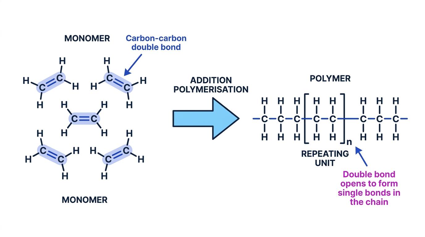 Addition polymerisation of ethene showing ethene monomers with C=C bonds forming a poly(ethene) chain and repeating unit