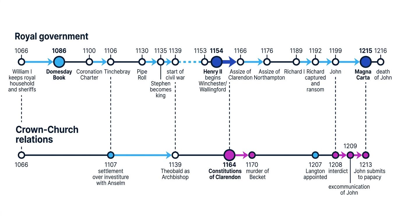 Timeline with two strands showing developments in royal government and Crown-Church relations from William I in 1066 to Magna Carta in 1215 and John's death in 1216