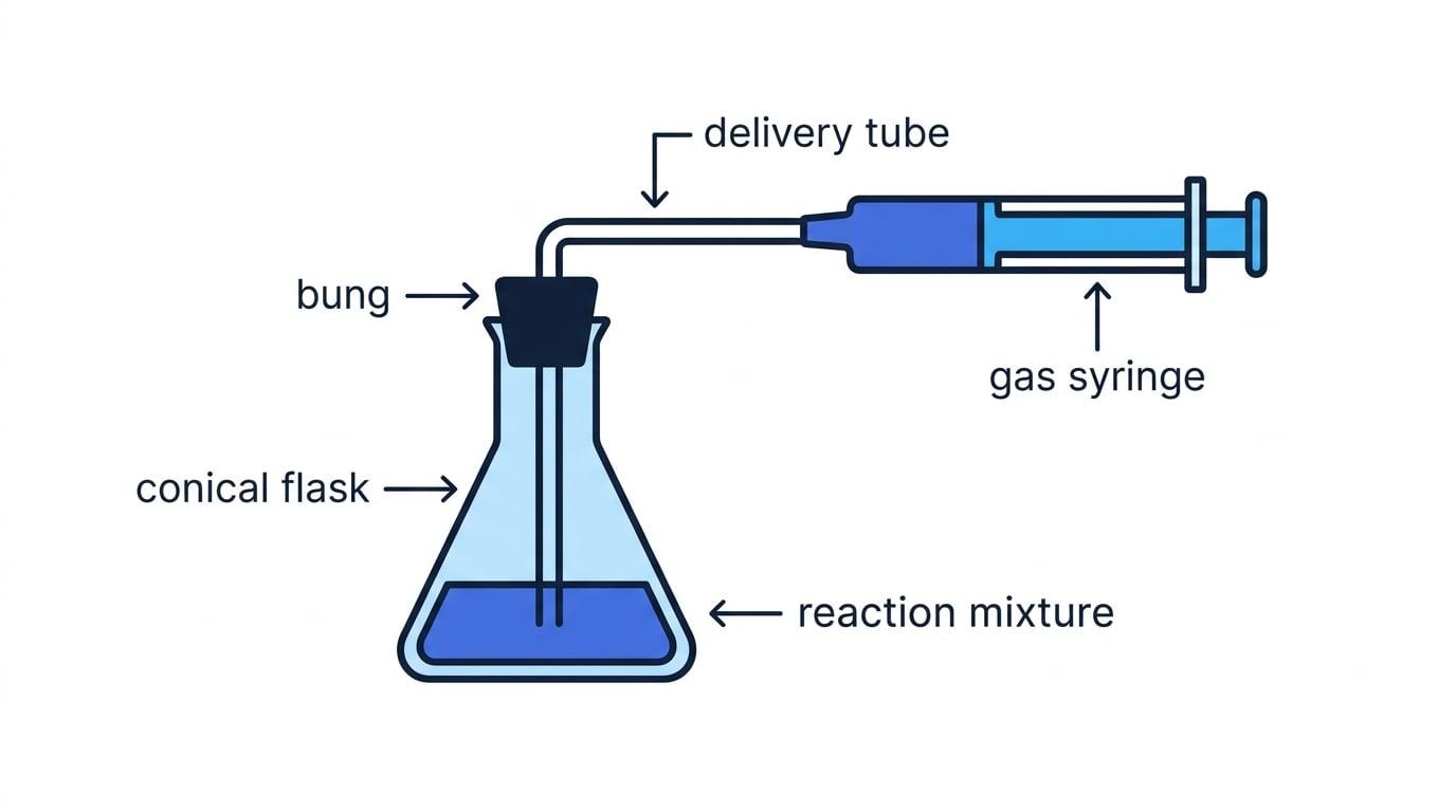 Diagram showing gas collection using a gas syringe connected to a conical flask