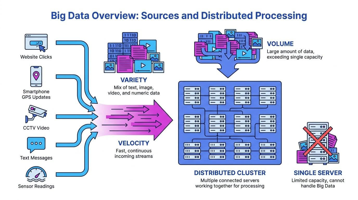 Big Data overview showing website clicks, GPS updates, CCTV, messages and sensor readings feeding a distributed cluster labelled volume, velocity and variety, with a single server shown as insufficient