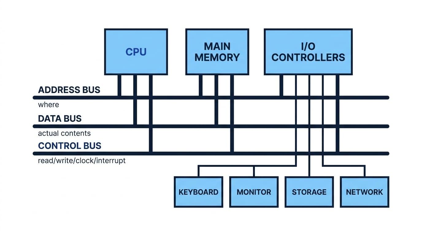Block diagram showing CPU, main memory, I/O controllers, and the address, data, and control buses