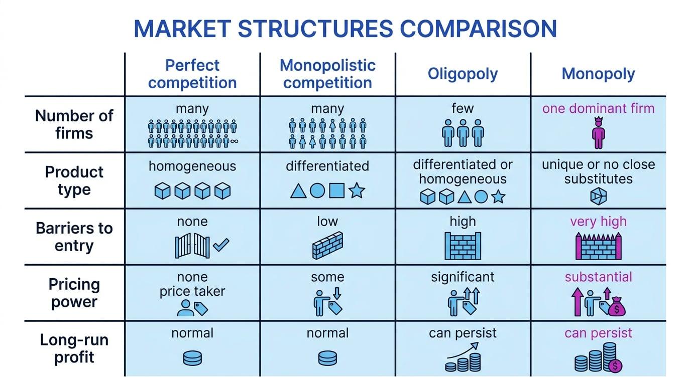 Comparison table of perfect competition, monopolistic competition, oligopoly and monopoly across number of firms, product type, barriers to entry, pricing power and long-run profit