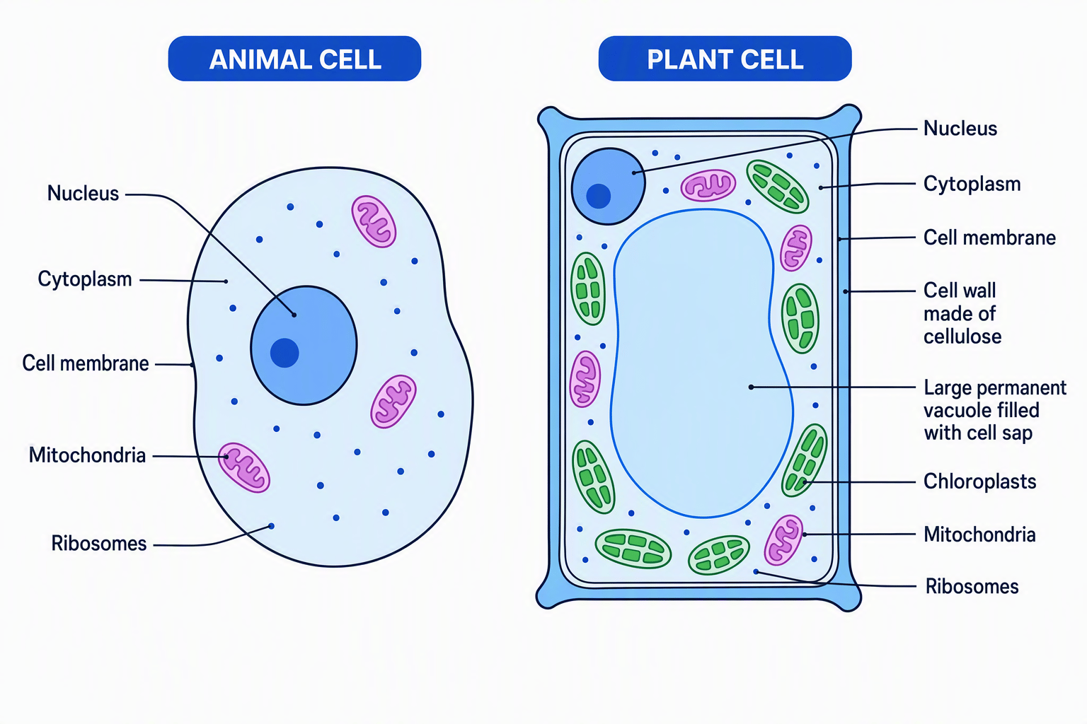 Labelled comparison of animal and plant cells showing their sub-cellular structures