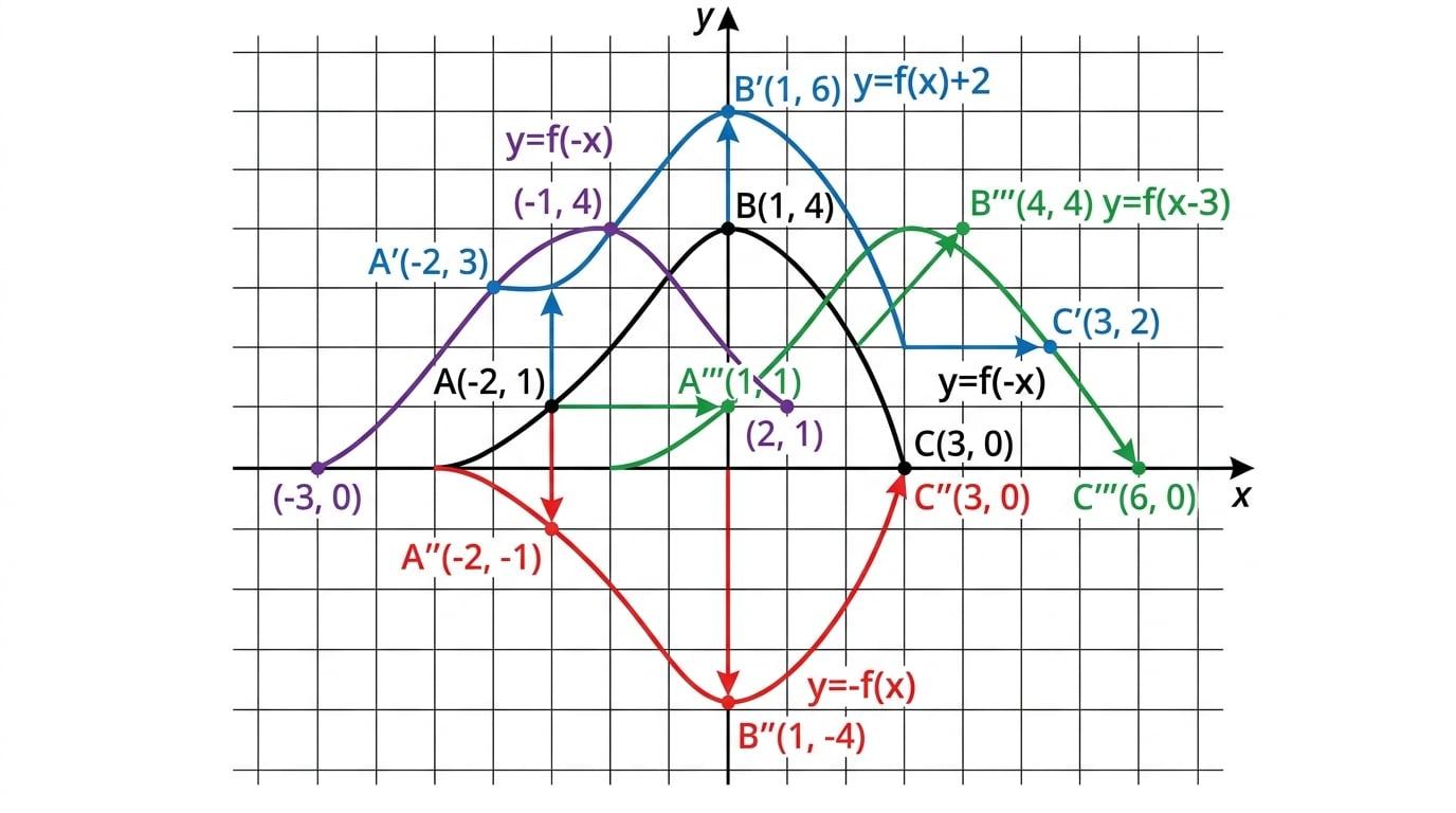 Graph showing original curve y=f(x) with transformed curves y=f(x)+2, y=-f(x), y=f(x-3) and y=f(-x) on labelled axes and matching key points marked