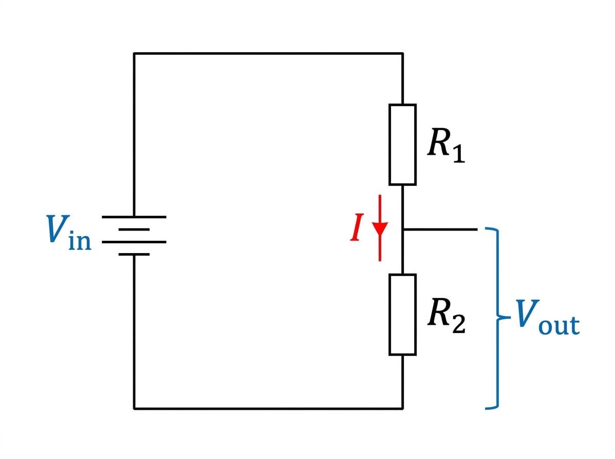 Basic potential divider circuit with supply Vin, two series resistors R1 and R2, current I, and output Vout across R2