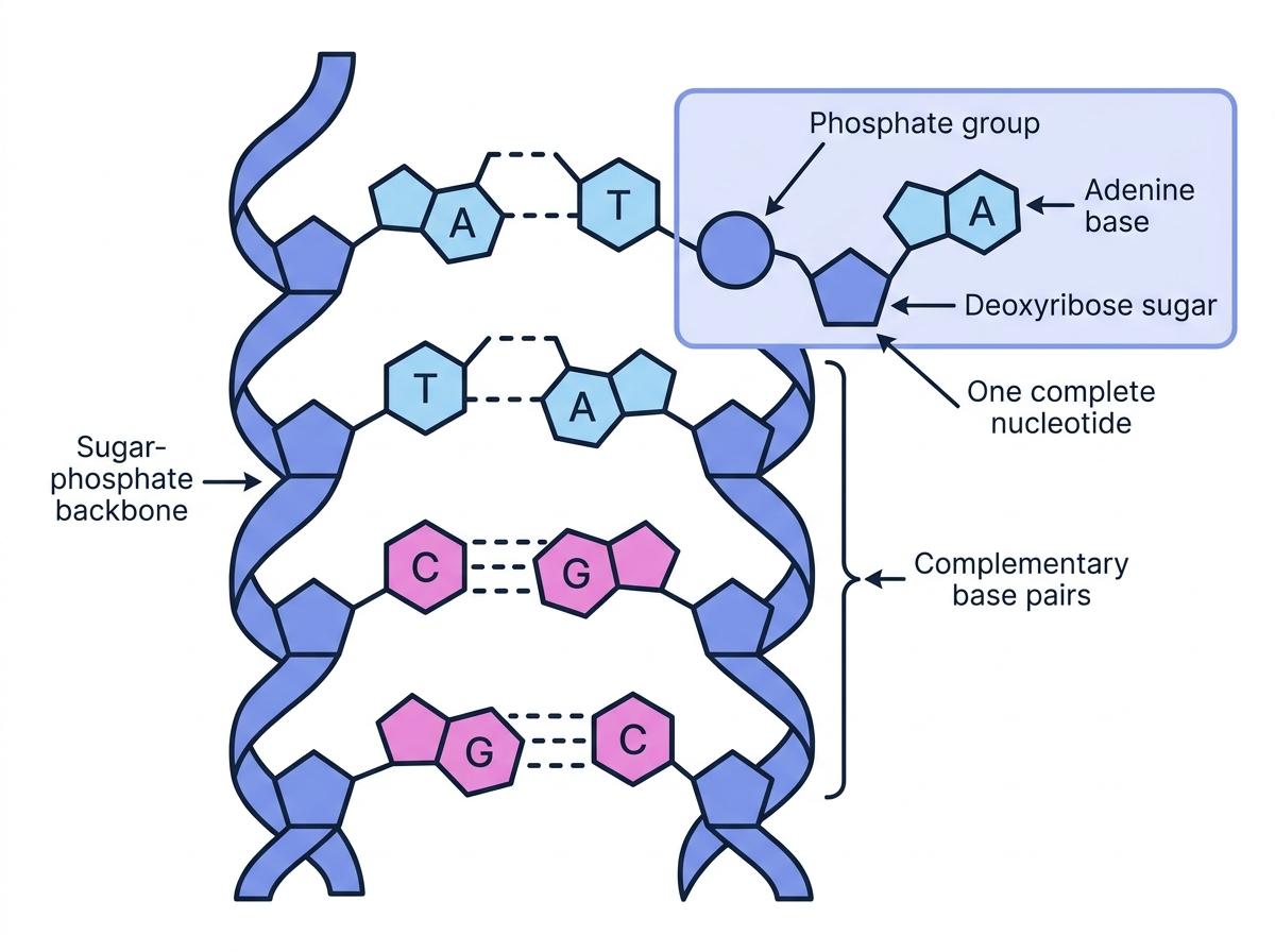 Labelled DNA structure showing sugar-phosphate backbone, phosphate group, deoxyribose sugar, one complete nucleotide, and complementary base pairs A-T and C-G