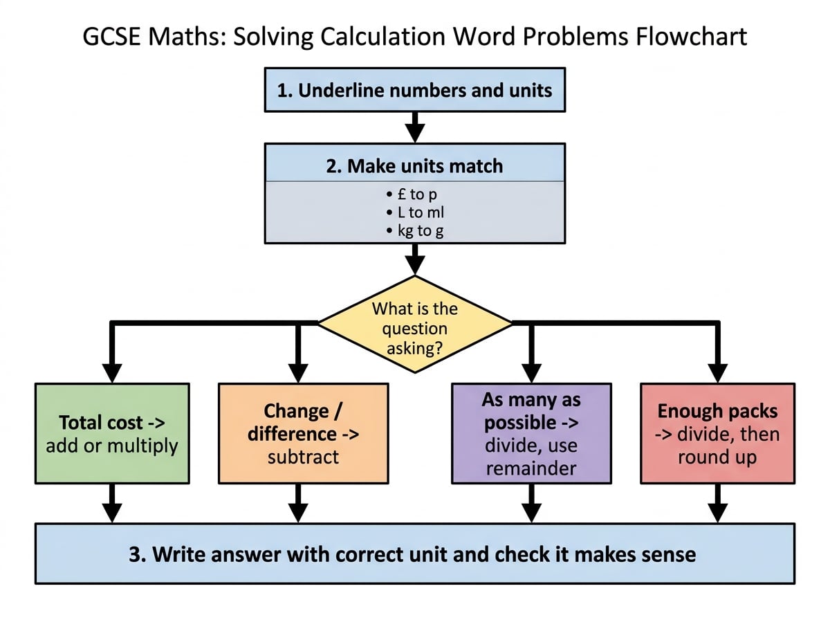 Flowchart of the steps for solving calculation word problems: underline numbers and units, make units match, choose the operation, then give the answer with the correct unit