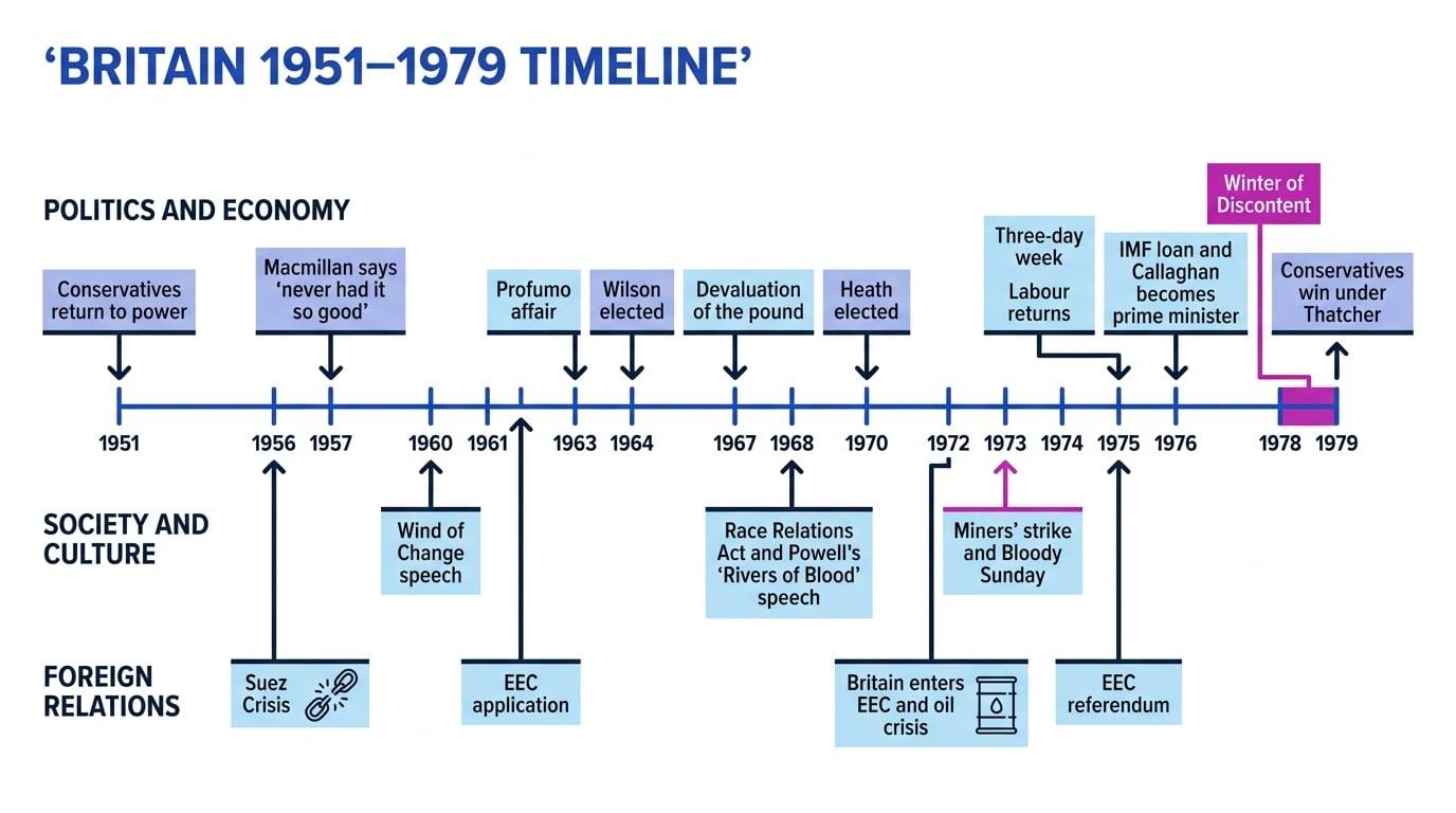 Timeline of Britain from 1951 to 1979 with rows for politics and economy, society and culture, and foreign relations
