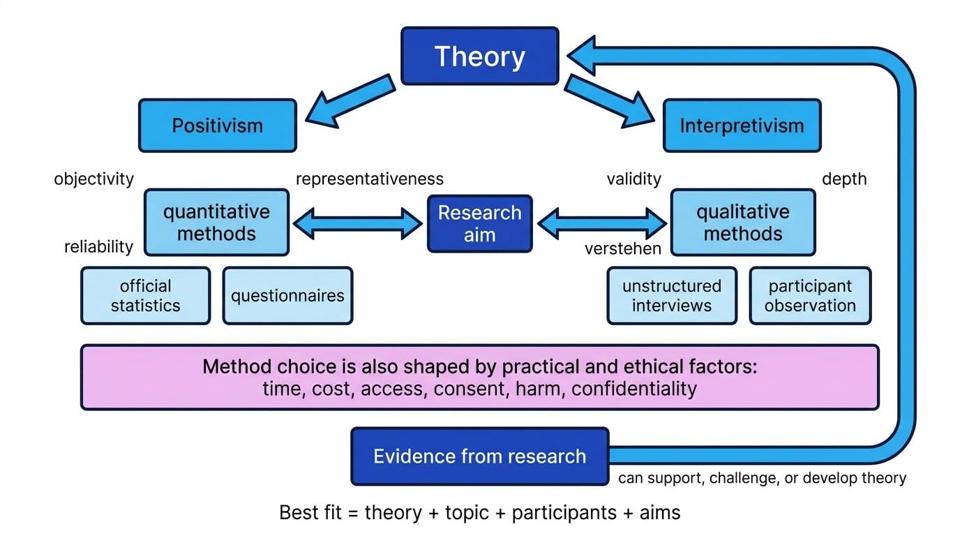 Concept map showing theory branching into positivism and interpretivism, linked to quantitative and qualitative methods, practical and ethical factors, and evidence feeding back into theory