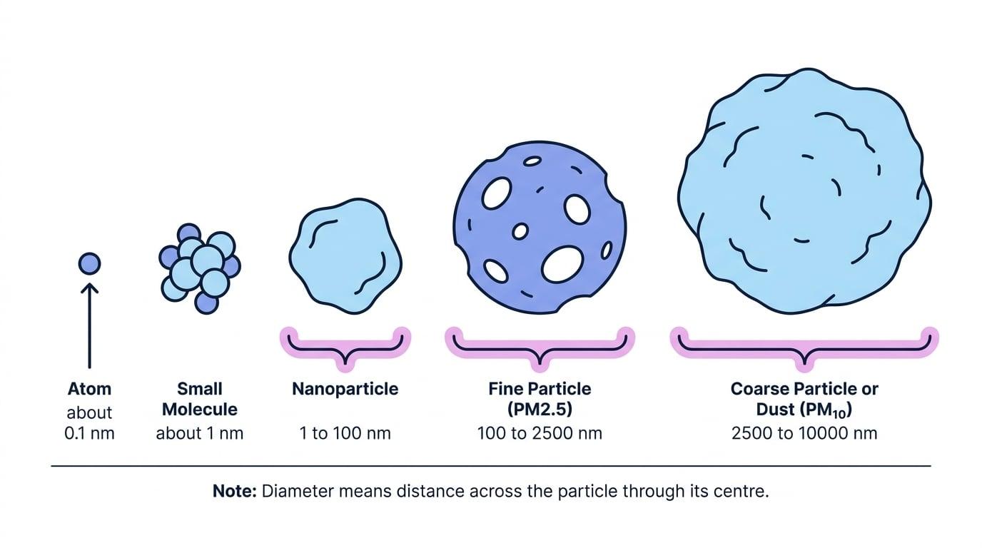 Size comparison from atom and small molecule up to nanoparticle, fine particle PM2.5, and coarse particle or dust PM10, with labelled size ranges