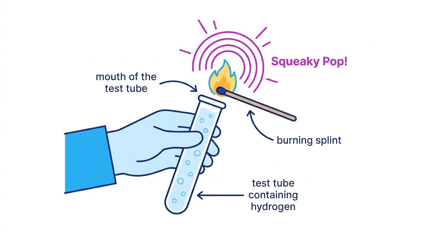 Diagram showing the hydrogen gas test using a burning splint at the mouth of a test tube