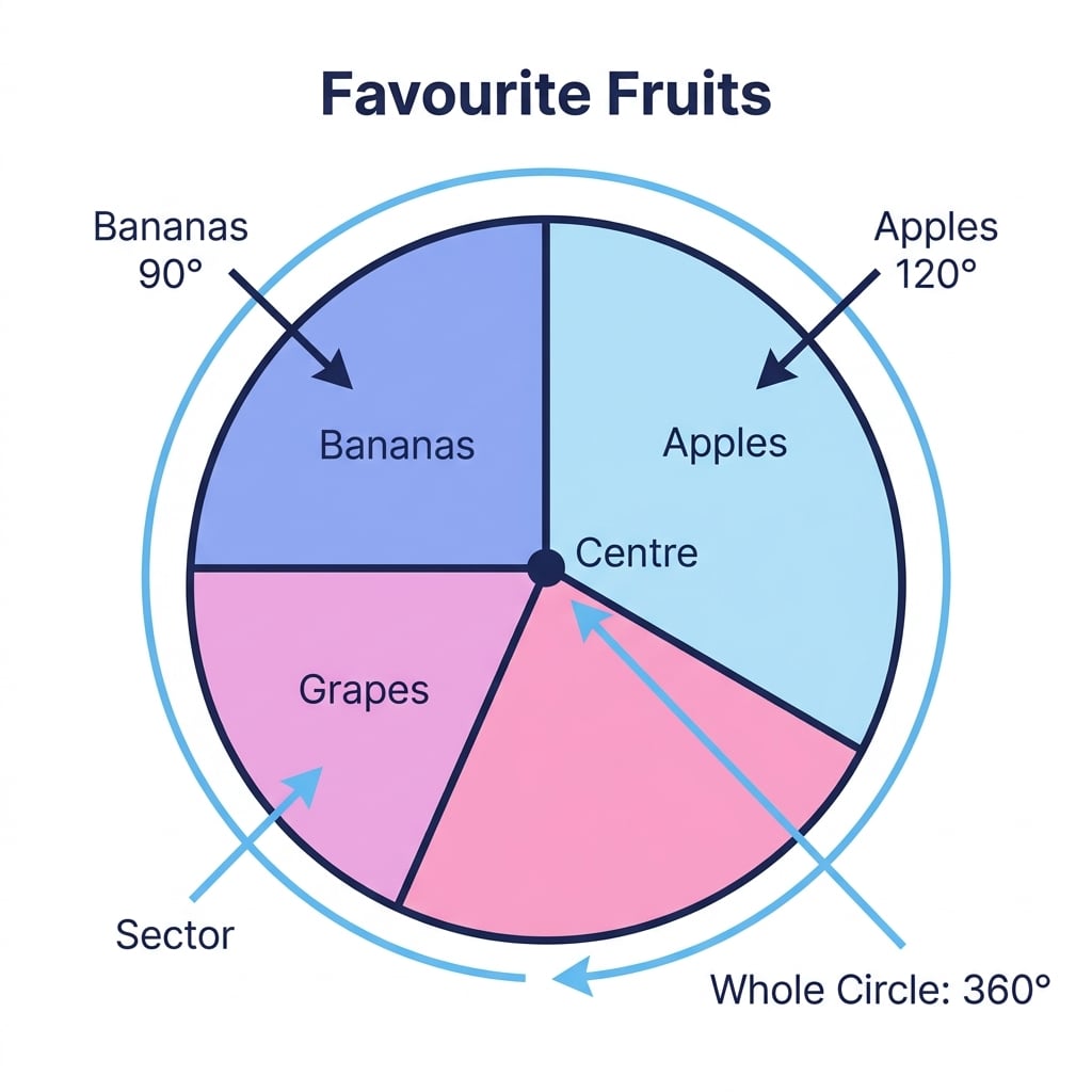 Pie chart with labelled sectors, centre, a 90 degree sector, a 120 degree sector, and the whole circle marked as 360 degrees