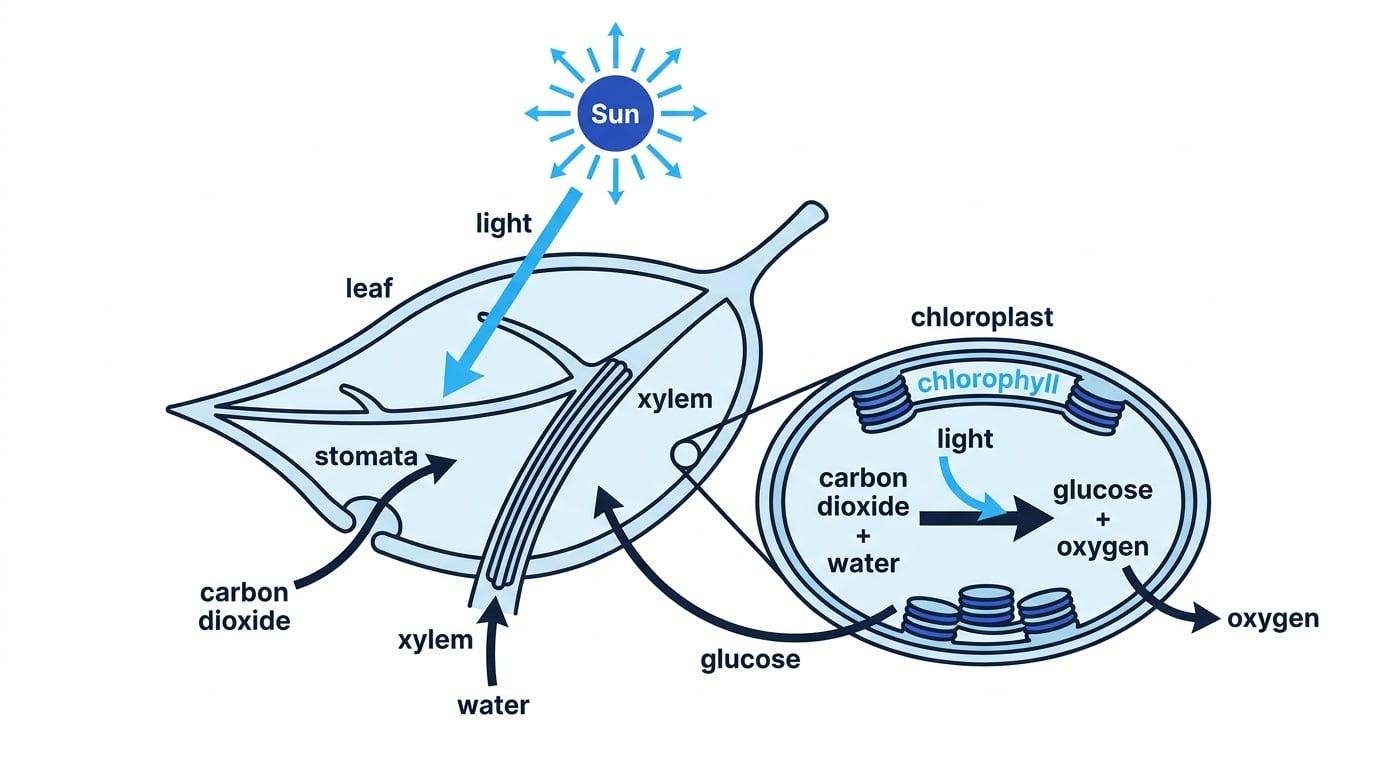 Flow diagram of a leaf and chloroplast showing light entering, carbon dioxide entering through stomata, water arriving in xylem, and glucose and oxygen leaving