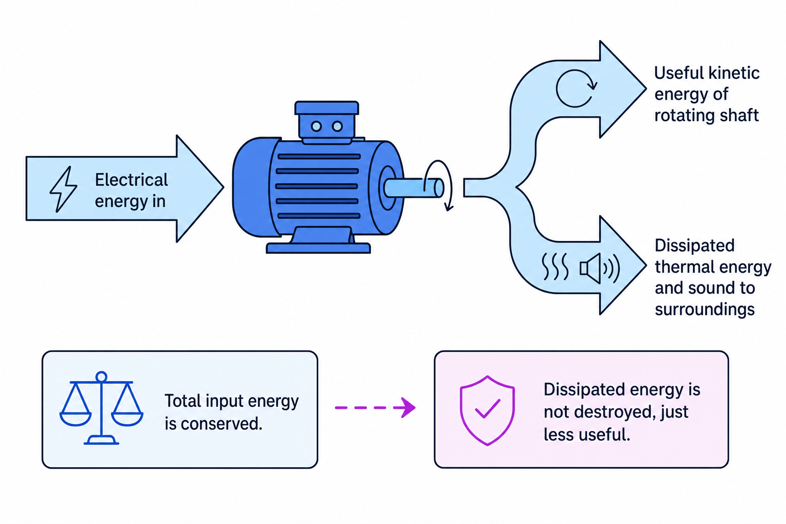 Energy-flow diagram of an electric motor with electrical input, useful kinetic output, and dissipated thermal energy and sound labelled