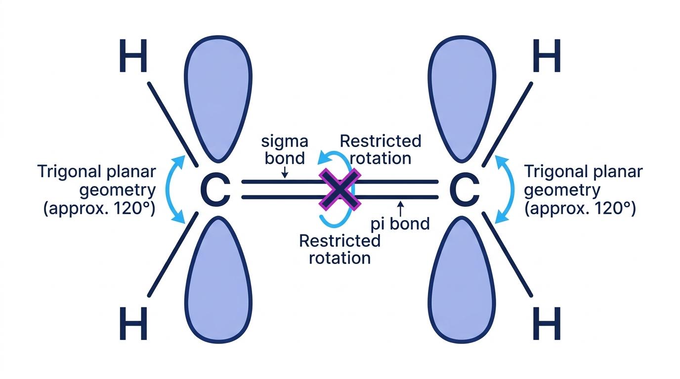 Ethene double bond showing a sigma bond, a pi bond above and below the plane, trigonal planar carbons, and restricted rotation about the C=C bond