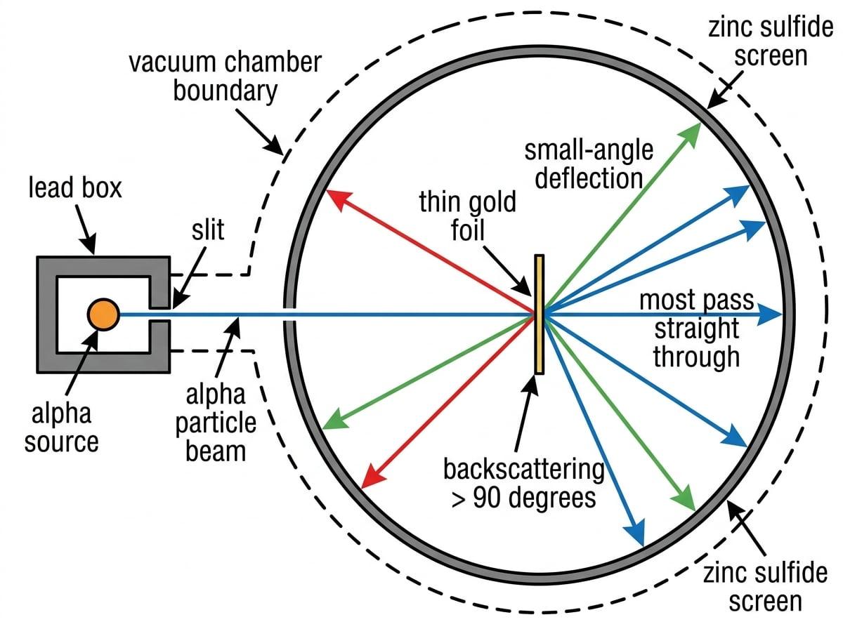 Rutherford scattering apparatus with alpha source, gold foil, surrounding zinc sulfide screen, and paths showing straight-through, small-angle, and backscattered alpha particles
