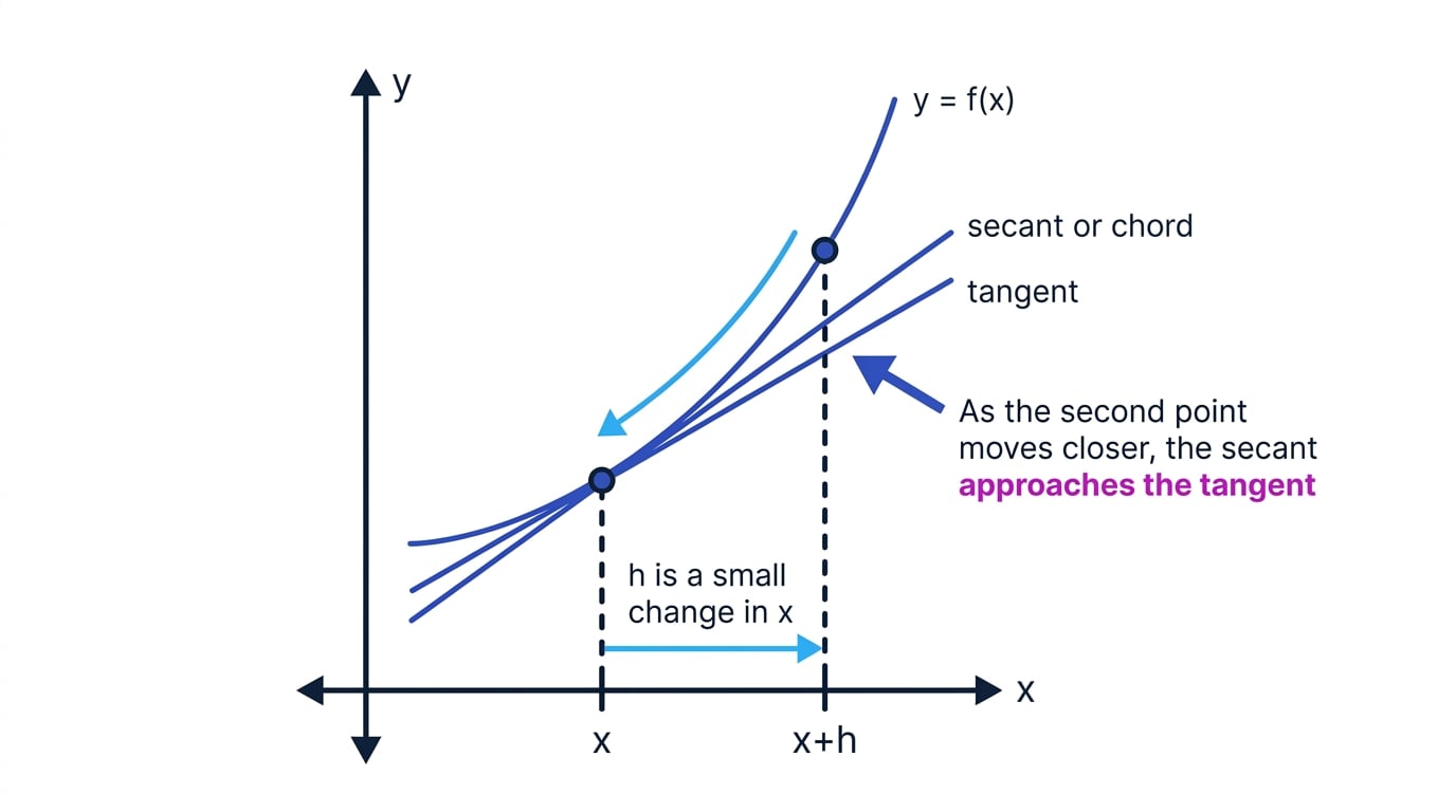 Graph of a curve y=f(x) with points at x and x+h, a secant line through both points, and a tangent at x