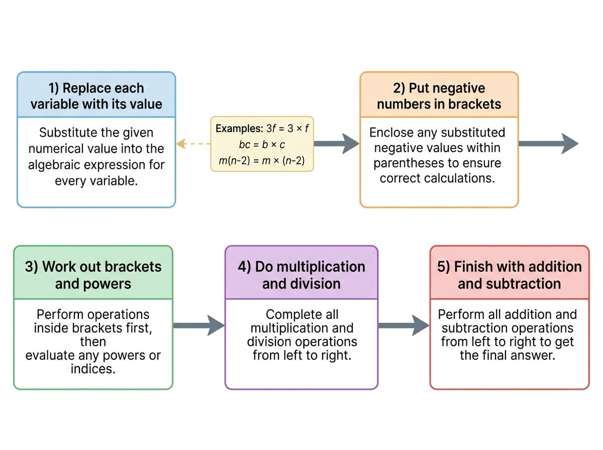 Flowchart showing substitution steps: replace variables with values, put negative values in brackets, work out brackets and powers, then multiplication and division, then addition and subtraction, with examples of hidden multiplication.