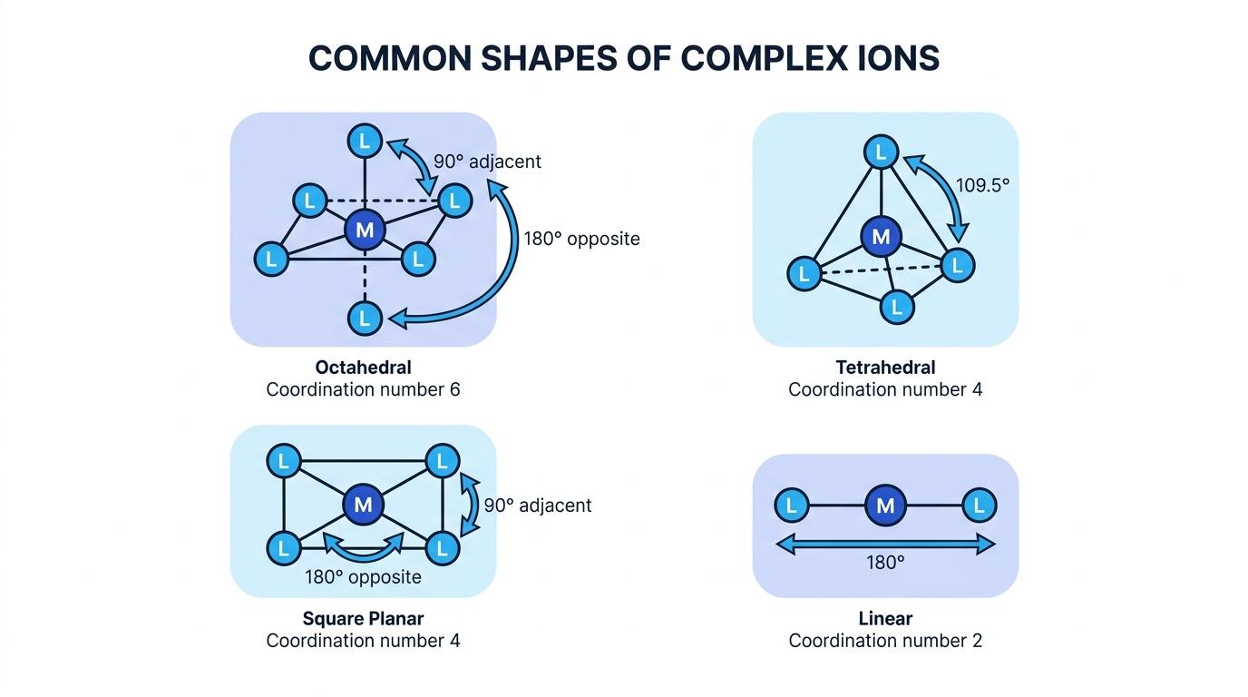 Common shapes of complex ions showing octahedral, tetrahedral, square planar and linear arrangements with coordination numbers and bond angles labelled