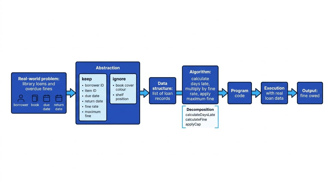 Flow diagram of an overdue library fine system from real-world problem to abstraction, data structures, algorithm, program code, execution and fine owed