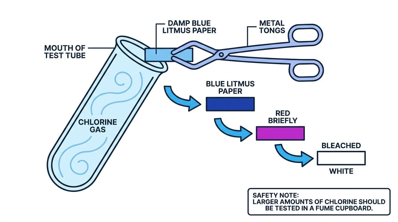 Labelled setup for testing chlorine gas with damp blue litmus paper at the mouth of a test tube, showing blue to red briefly to bleached white