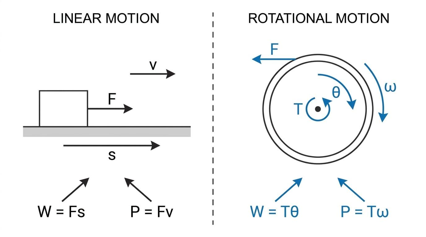 Comparison of linear motion and rotation, showing a block pushed by force through distance and a wheel turned by torque through an angle, with work and power formulas labelled