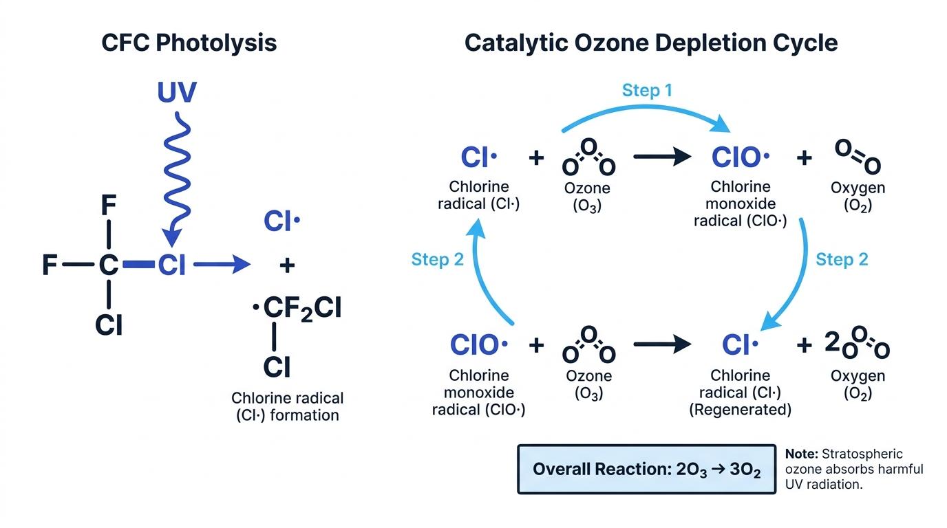 Flow diagram showing UV breaking a C-Cl bond in a CFC to form a chlorine radical, then the two-step catalytic cycle converting ozone into oxygen and regenerating Cl·